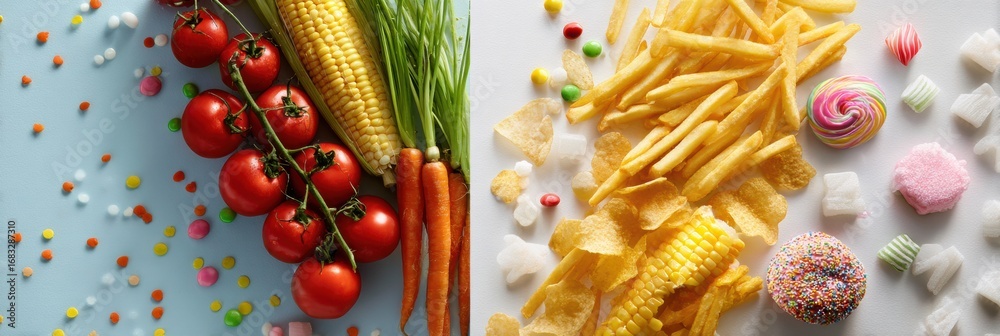 Naklejka premium Fresh vegetables including tomatoes, corn, and carrots on one side, while the other side displays an assortment of snacks like chips and candies.