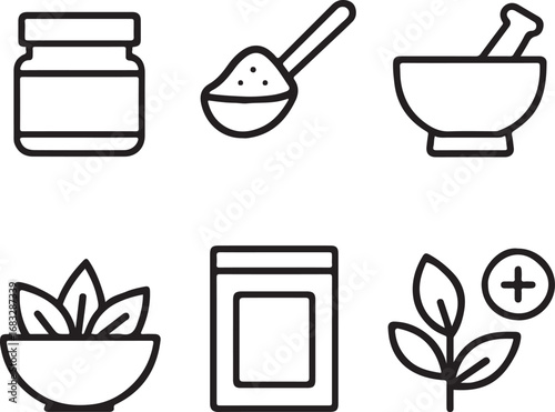 Herbal medicine and supplement preparation icons mortar and pestle