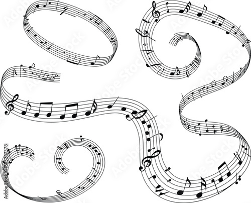 Music notes wave. Flowing musical staff lines with notes, clefs and melody rhythm patterns in dynamic circular, spiral and wavy shapes. Elegant swirling compositions for music posters. Vector set on w
