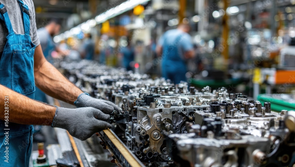 Naklejka premium Factory worker assembling engine components (2)