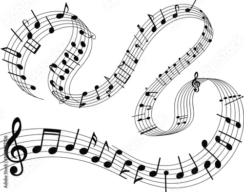 Music notes wave. Flowing musical staff lines with notes, clefs and melody rhythm patterns in dynamic circular, spiral and wavy shapes. Elegant swirling compositions for music posters. Vector set on w
