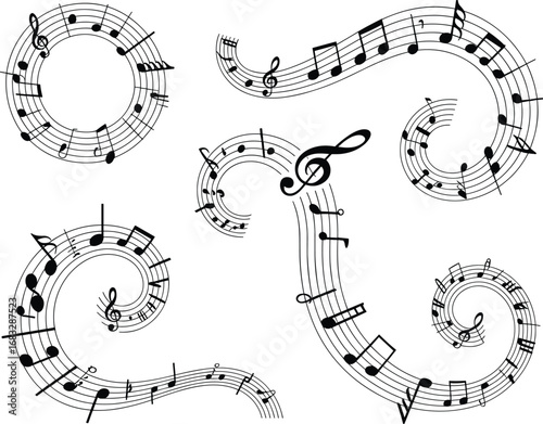 Music notes wave. Flowing musical staff lines with notes, clefs and melody rhythm patterns in dynamic circular, spiral and wavy shapes. Elegant swirling compositions for music posters. Vector set on w