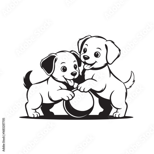 Two playful puppies with a ball, isolated on white background technology background