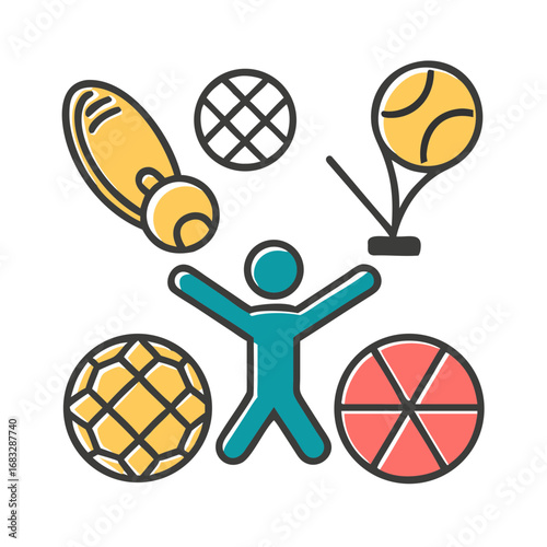 Dynamic line icons. Soccer ball, basketball, tennis racket, baseball bat, swimming, running, rock climbing, golf, victory (raised arms), medal.