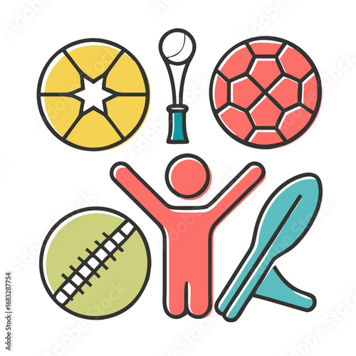 Dynamic line icons. Soccer ball, basketball, tennis racket, baseball bat, swimming, running, rock climbing, golf, victory (raised arms), medal.