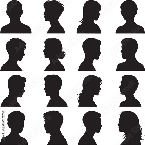 Sixteen black silhouette profile portraits of diverse men and women headshot face