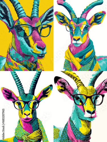 Modern pop art illustration of antelopes in glasses and scarves, featuring neon tones and stylish fashionable wildlife design.