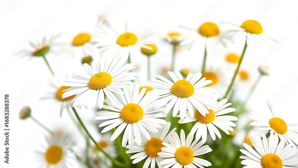Fototapeta premium A delicate arrangement of fresh daisies basks in soft daylight against a white backdrop.