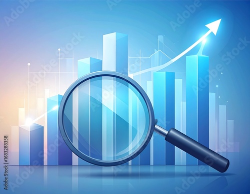 Magnifying glass examines rising bar graph on reflective surface, symbolizing business growth and financial analysis in a modern corporate setting.