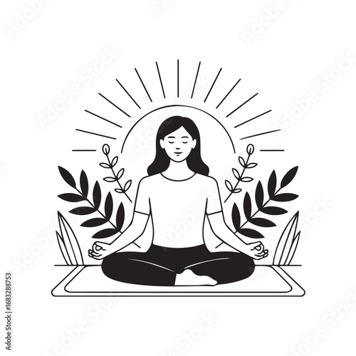 Woman meditating in lotus position with sun rays and leaves, isolated on white background technology background
