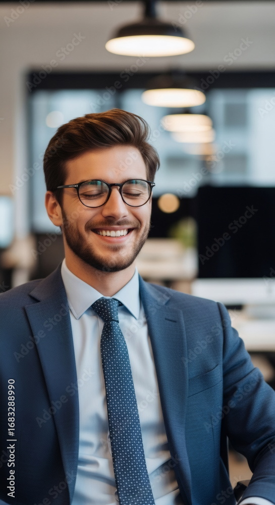 Obraz premium A smiling businessman wearing glasses, a suit, and a tie, seated at a desk in an office with a computer monitor in the background.