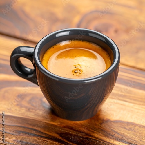 Espresso in a dark grey cup on a wooden table