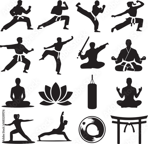 Martial arts and yoga silhouettes with cultural symbols and equipment karate kung fu
