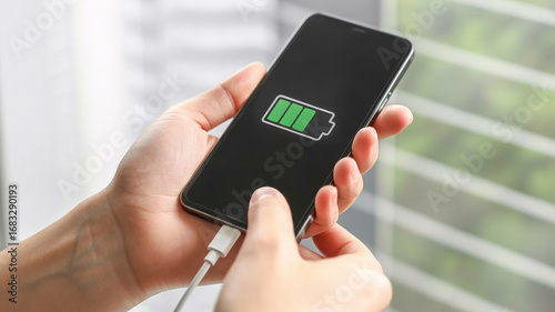Hands charging a smartphone displaying a full green battery icon, symbolizing power and connectivity.