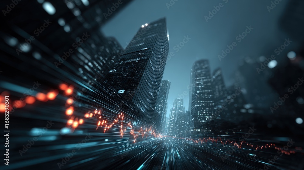 Fototapeta premium Financial data stream over modern glass office backdrop, fintech visualization with motion lines and glowing graphs