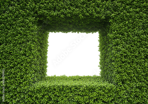 A square opening in a dense green hedge, isolated on transparent background