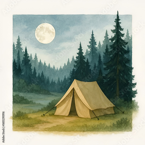 Tent and Forest Landscape Under Full Moon