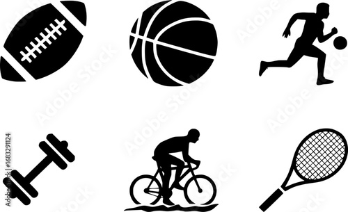 Collection of six black sports icons representing various athletic activities