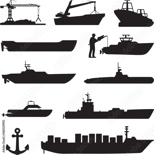 Nautical and Construction Vessel Silhouettes Collection with Anchor boat ship