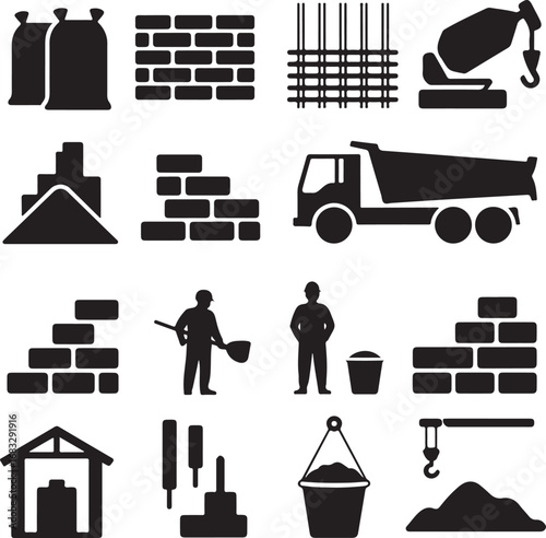 Construction And Building Industry Icons Silhouette Set sandbags brick wall