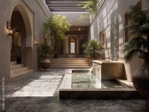 A courtyard with a fountain and a tree. There are two vases on the ground. The courtyard is open and has a lot of sunlight