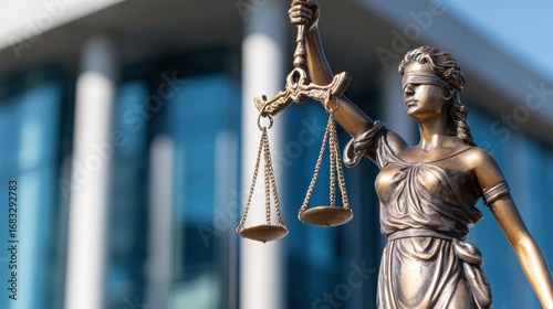 A bronze statue of Lady Justice holding scales stands in front of a modern courthouse under a clear sky