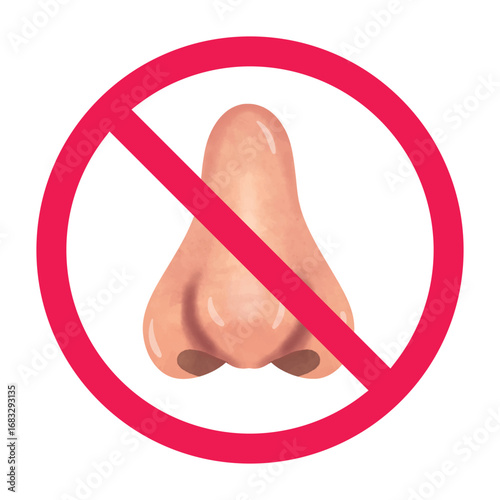 No nose sign, forbidden breathing sign, smelling prohibited symbol, do not breathe symbol, red circle restriction icon, vector illustration

