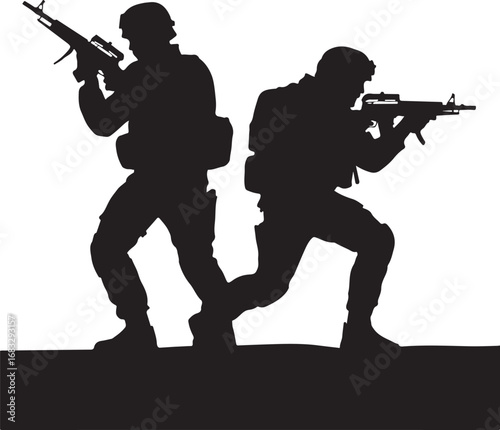 Two soldiers in silhouette aiming assault rifles in a defensive stance military army