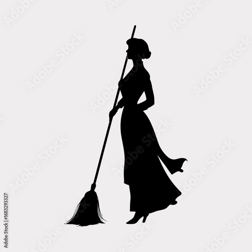 Cleaning Person Broom Drawing Graphic Element, Lady Cleaning Person Icon Black Symbol Silhouette Graphic Design