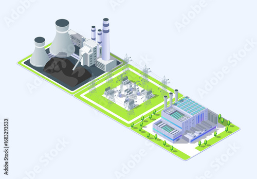 Cartoon Color Coal, Power Plant and Electric Substation Industrial Energy Building Concept 3d Isometric View. Vector illustration