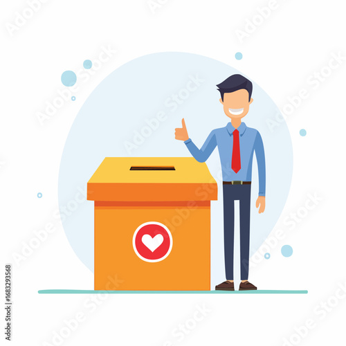 Smiling Businessman With Thumbs Up Near Donation Box Illustration