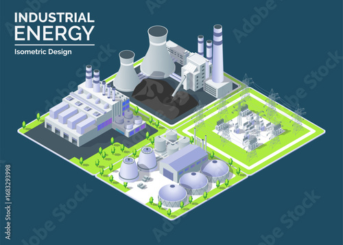 Cartoon Color Coal,Garbage , Bioenergy Power Plant and Electric Substation Object Industrial Energy Building Concept 3d Isometric View. Vector illustration