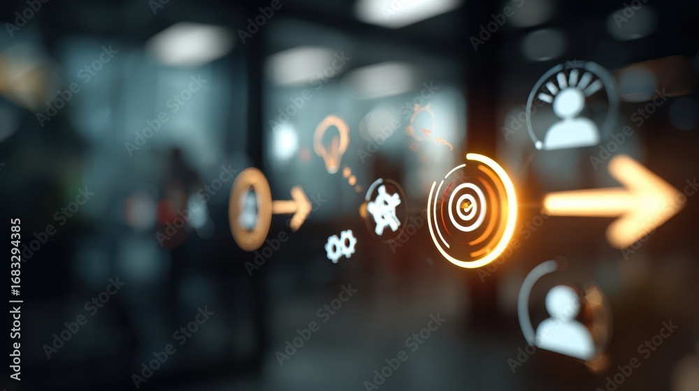 Fototapeta premium Business Process Flow: A stylized depiction of business process workflow, highlighting concepts such as innovation, strategy, and goal-setting, captured in a captivating, creative digital art style.