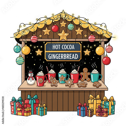 Festive hot cocoa and gingerbread stand decorated for christmas
