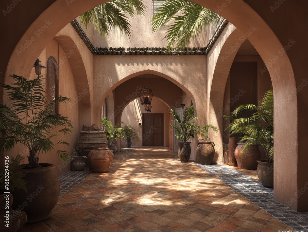 Fototapeta premium A long hallway with a lot of plants and vases. The plants are in the middle of the hallway and the vases are on the floor