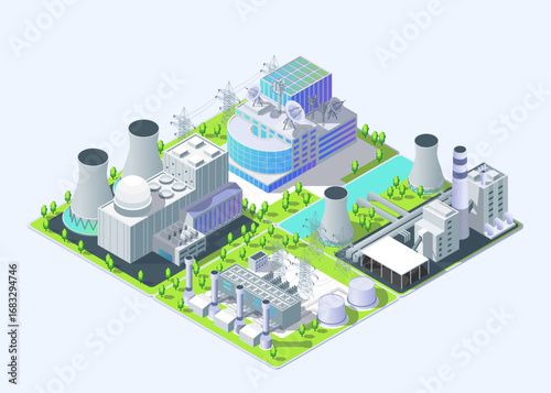 Cartoon Color Power Grid Control Center, Geothermal, Thermal and Nuclear Power Plant Industrial Energy Building Concept 3d Isometric View. Vector illustration