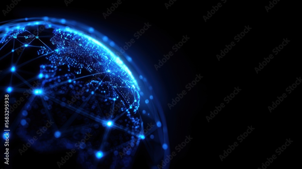 Obraz premium A digital representation of Earth illuminated by interconnected networks of blue lights against a black background