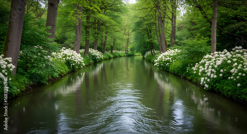Beautiful lush green river landscape with trees and flowering plants on both sides creating peaceful natural environment