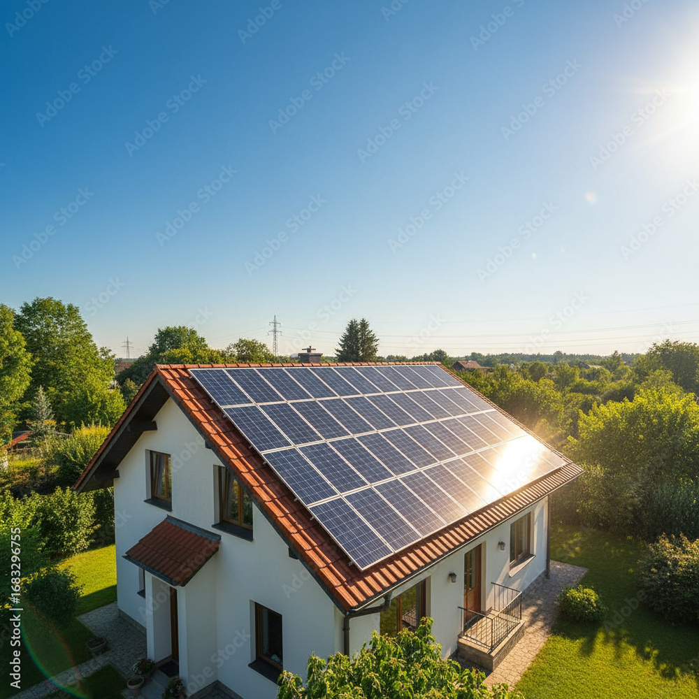 Fototapeta premium Embrace Clean Energy with Solar Panels: Generate Sustainable Power for Your Home Under a Bright Blue Sky. Generative AI.