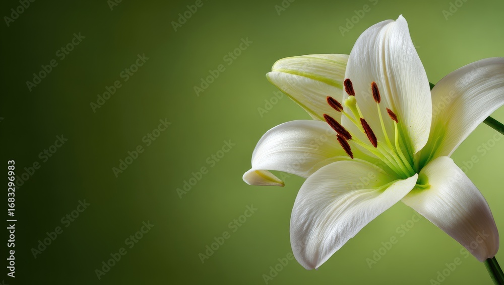 Obraz premium Close-up of a single, elegant white lily on a muted green background