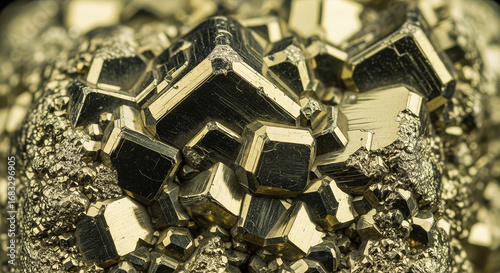 Macro shot of pyrite mineral, also known as fools gold, with metallic luster and cubic crystals, a natural geological specimen and a treasure