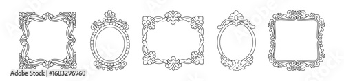 Set of vintage frames different shapes. Decorative retro borders silhouettes. Hand drawn vector illustration isolated on white background, modern flat cartoon style.