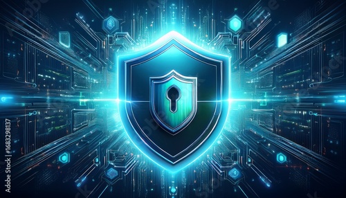 a glowing shield labeled zero trust security against a high tech background represents modern cybersecurity principles