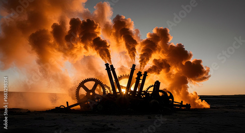 Surreal Steampunk Machine Emitting Smoke at Sunset in Desert Landscape