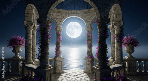 A romantic moonlit scene featuring an ancient stone balcony adorned with flowers, overlooking a serene sea under a starry night sky