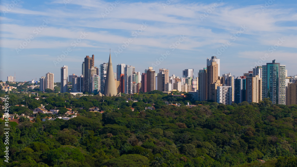 Fototapeta premium Aerial View of Maringa, Cathedral and downtown. Several buildings.