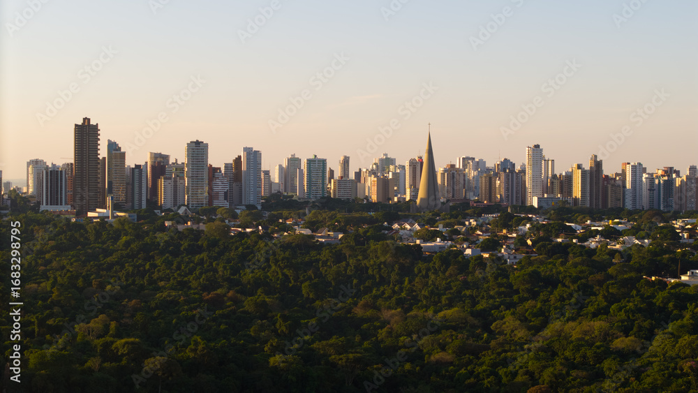 Fototapeta premium Aerial View of Maringa, Cathedral and downtown. Several buildings.