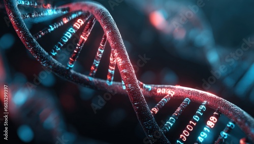 DNA helix with glowing binary code