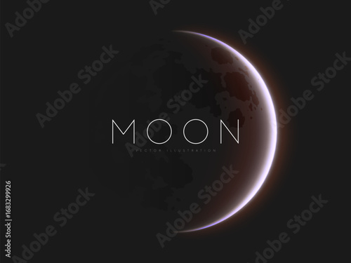 Minimalist timeless design with crescent moon glowing softly in deep space highlights the mysterious charm of lunar surface. Simple creative silhouette of the moon. Space beauty and silence. Vector