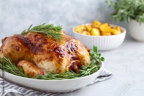 Roasted chicken with herbs on top of it